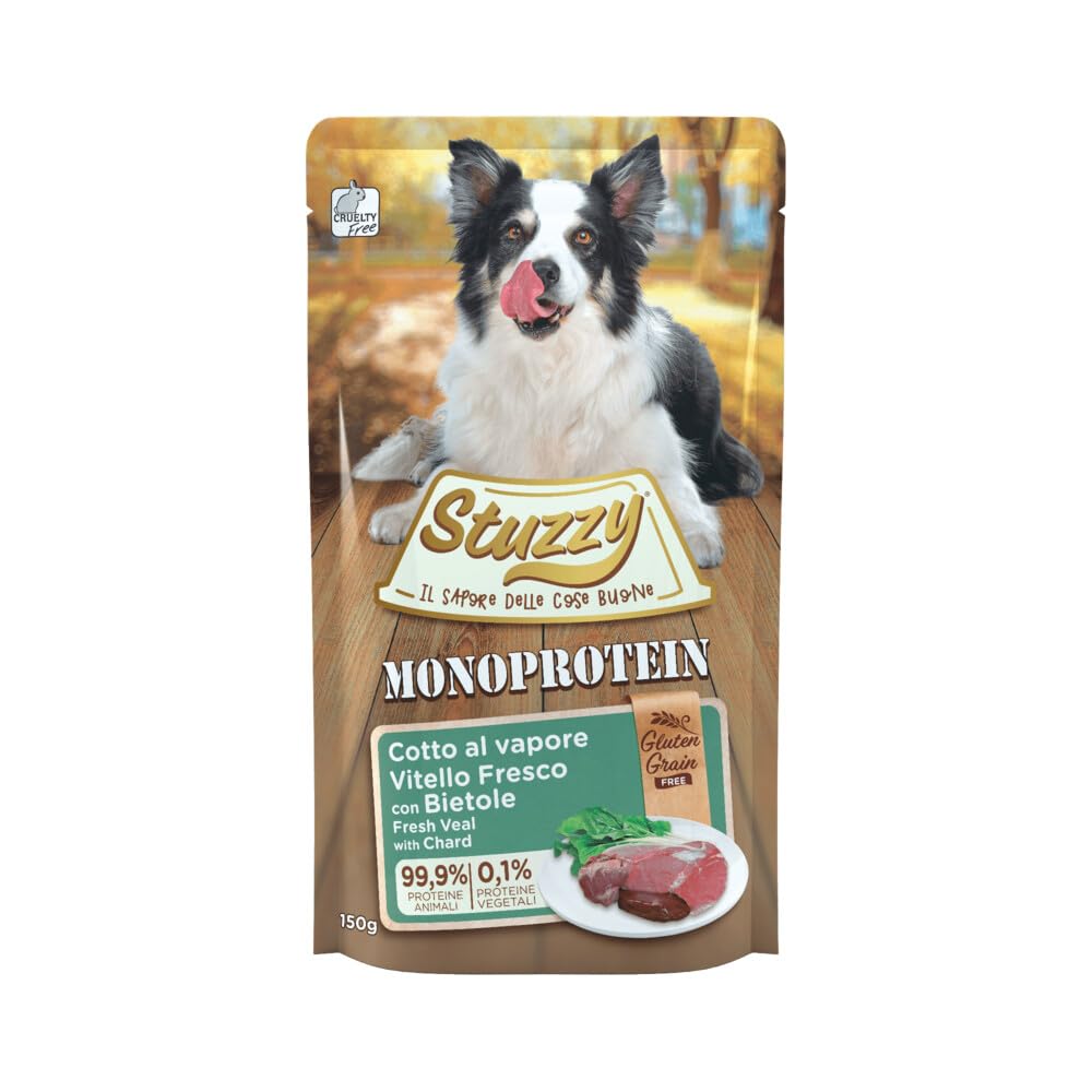 Stuzzy, Monoprotein, Getreide- und Glutenfrei, Feuchtnahrung für Erwachsene Hunde mit frischem Kalb und Mangold in Paté - Gesamt 1,8 kg (12 Beutel à 150 g)