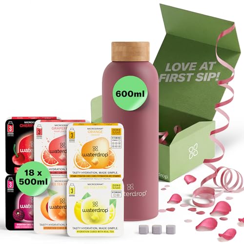 waterdrop® Starter Set – 600ml Trinkflasche mit Geschmack inkl. 18 zuckerfreie Drops – Geschenk für Frauen – Probierpaket mit Wasserflasche & Drops – Edelstahl Trinkflasche Kohlensäure geeignet