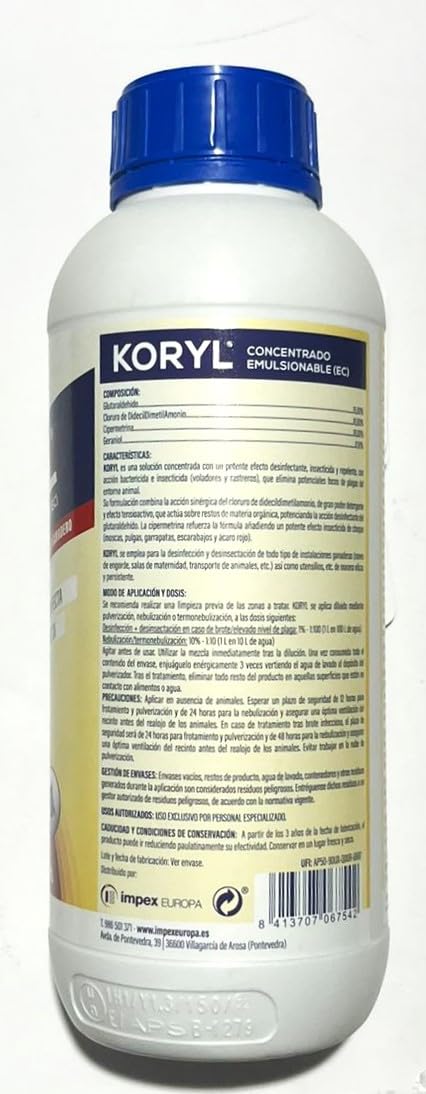 Desinfectante-insecticida de amplio espectro, elimina vida microbiana 1 litros. Koryl 1l.