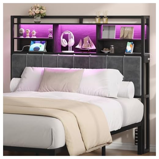 Hzuaneri Headboard with 3-Tier Storage Shelves, Velvet Upholstered Head Board with 2 Outlets, USB Ports & LED Light, Soft Backrest for Queen Size Bed, Black BH15204B