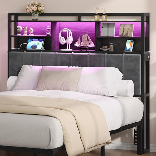 Hzuaneri Headboard with 3-Tier Storage Shelves Velvet Upholstered Head Board with 2 Outlets USB Ports & LED Light Soft Backrest for Queen Size Bed Black BH15204B