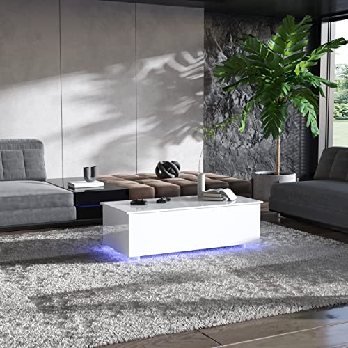 High Gloss Lift Top Table With Led Lights, Led Coffee Table With Storage Shelf And Hidden Compartment For Home Living Room Reception Room Office, White #TOP2