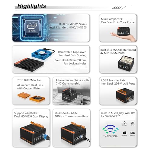 Image of StoneStorm 4-Bay NAS Mini PC Dual 2.5GbE i226-v LAN Ports, Core i3 N305 with DDR5 MAX 48GB, 4 M.2 NVMe 2280, Dual 4K Display, 2 USB3.2 10Gbps for Micro Firewall Router /Pocket Computer (Barebone)