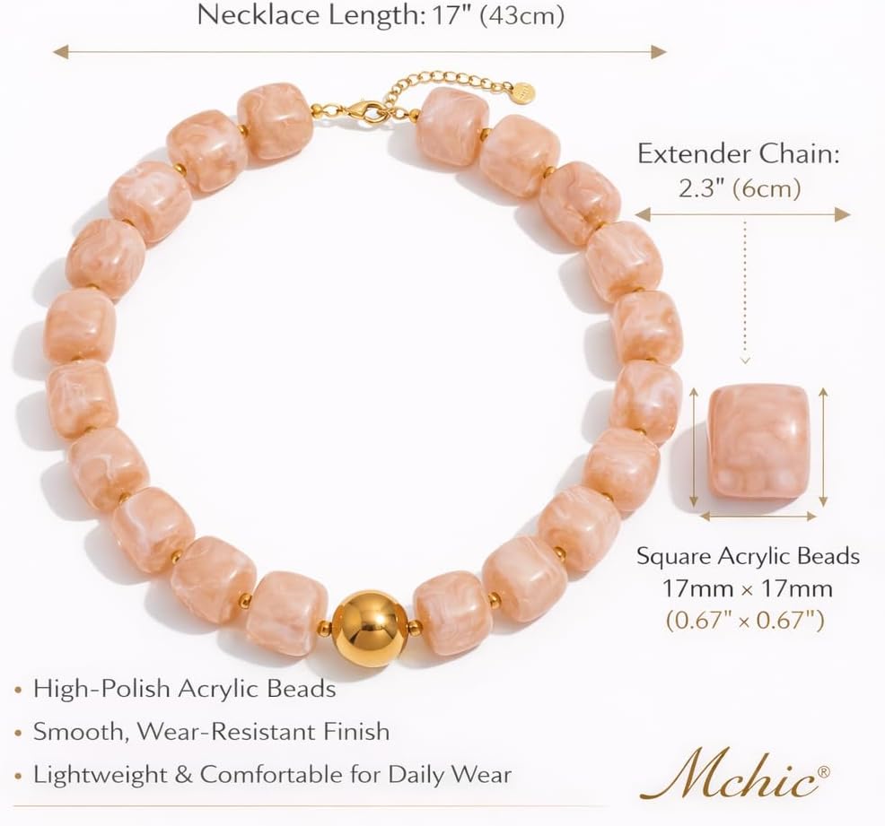 Mchic Colorful Beaded Choker Necklace for Women: Boho Large Square Acrylic Beaded Necklace Stainless Steel Adjustable Surfer Beach Strand Necklces Summer Handmade Jewelry Gift for Women - Image 5