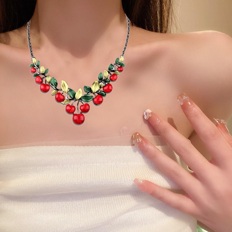 coadipress 3D Red Cherry Earring Necklace Set For Women Cute Fruit Cherry Stud Earrings Dripping oil Red Cherry Earring Cherry Pendant Necklace Christmas Party Wedding Gift - Image 2