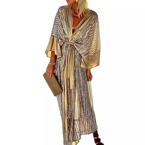 ThiCc Women's Shiny Kimono Midi Dress - Summer Elegant Vacation Beachwear Mid-Sleeve Cardigan Bathing Suit Swimwear Bikini Cover Up Party Cocktail Wedding Guest Sarongs (Gold,XL)