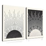 Framed Boho Wall Art Set of 2 Canvas Print Sun Rising on the Horizon Geometric Nature Illustrations