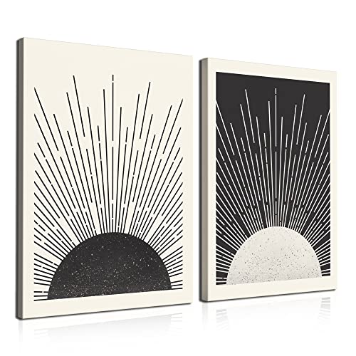 Framed Boho Wall Art Set Of 2 Canvas Print Sun Rising On The Horizon Geometric Nature Illustrations Line Art Wall Mid-Century Modern Boho Sun Wall Decor For Living Room, Bathroom, Bedroom 12X16 Inch #TOP16
