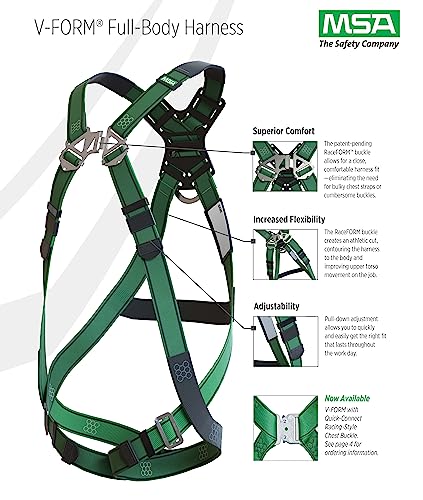 Image of MSA 10197196 V-Form Full Body Safety Harness - Size: Standard (Medium), D-Ring Configuration: Back, Qwik Fit Leg Straps, Color: Green, Full Body Harness, Durable, Fall Protection