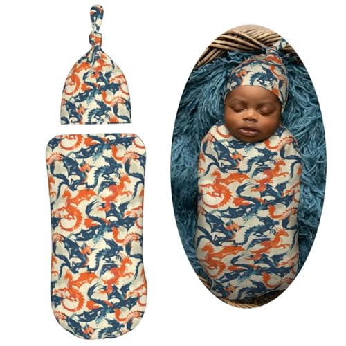 Image of Western Dragons Newborn Swaddle Blankets Hat Sets Soft Baby Receiving Blanket Swaddle Sack for Baby Shower Infant Boy Girl Gift