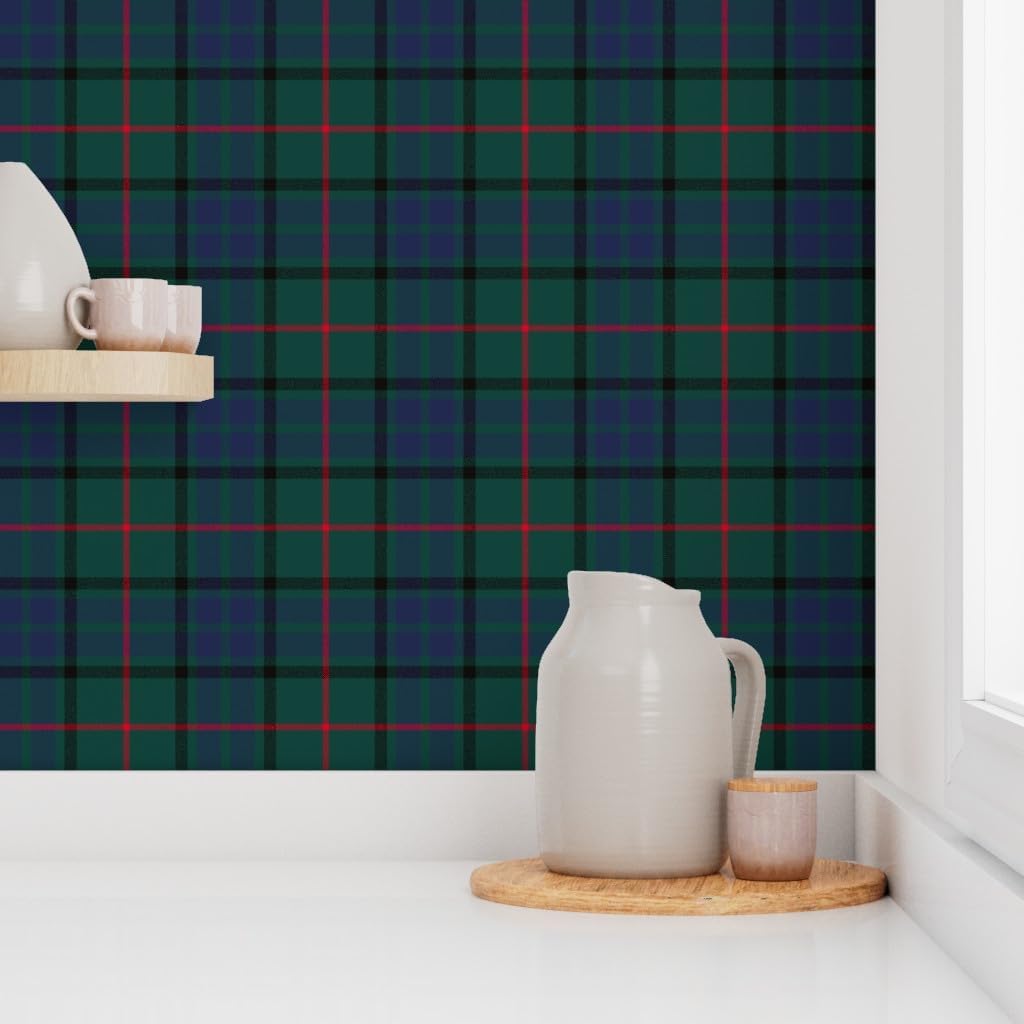 Spoonflower Peel & Stick Wallpaper Swatch - Tartan Blackwatch Black Green Blue Plaid Red Scottish Custom Removable Wallpaper