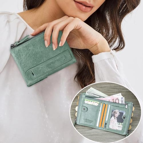 Image of CONTACTS Soft Leather Wallet for Women and Men Small Bifold Coin Purse Double Zipper Card Holder RFID Blocking (Matcha Green)
