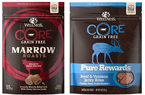 Wellness CORE Grain Free Dog Treats - Marrow Roasts and Pure Rewards 2 Flavor Variety Bundle: (1) Hearty Beef Marrow Roasts, (1) Pure Rewards Beef Venison Jerky, 4-8 Oz. Ea