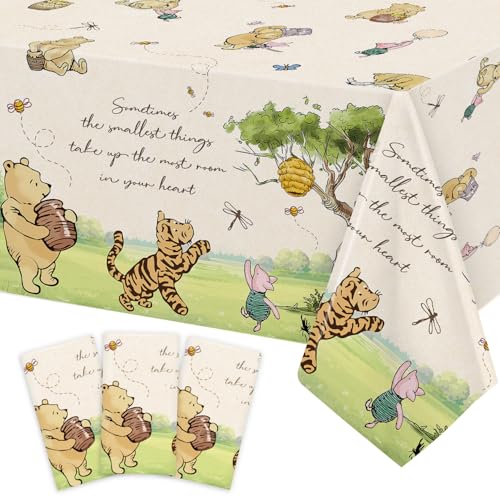 3Pcs Classic Winnie Bear Baby Shower Birthday Decorations Quotes Table Cloths Neutral Rectangle 54 x 108Inch Disposable Vintage Pooh Bear Tablecloths for Winnie Gender Reveal 1st Birthday Decorations