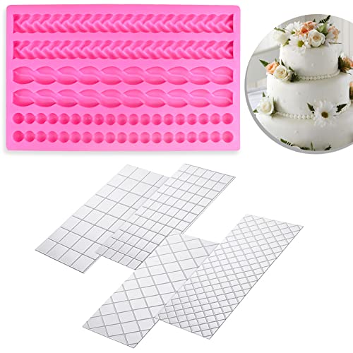 Kette Textur Fondantform,5-teiliges Fondant-Formen-Set für Kuchenabdrücke, MaehSab-Silikon-Tortenboden-Perlen-Spitzen-Seilformen und 4-teilige Texturmatte Backwerkzeuge für Kuchenrand-Dekorationsform Cover