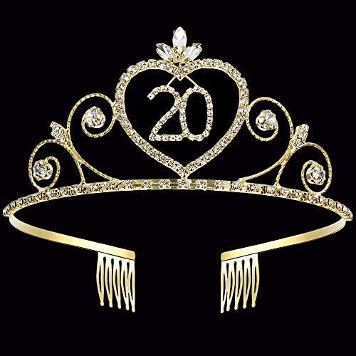 Coucoland Crystal Birthday Crown Tiara Rhinestone Princess Birthday Crown Gold Happy 15th/16th/18th/20th/21st/22nd/30th/50th/60th/70th/80th/90th Birthday Crown Tiara (20th)