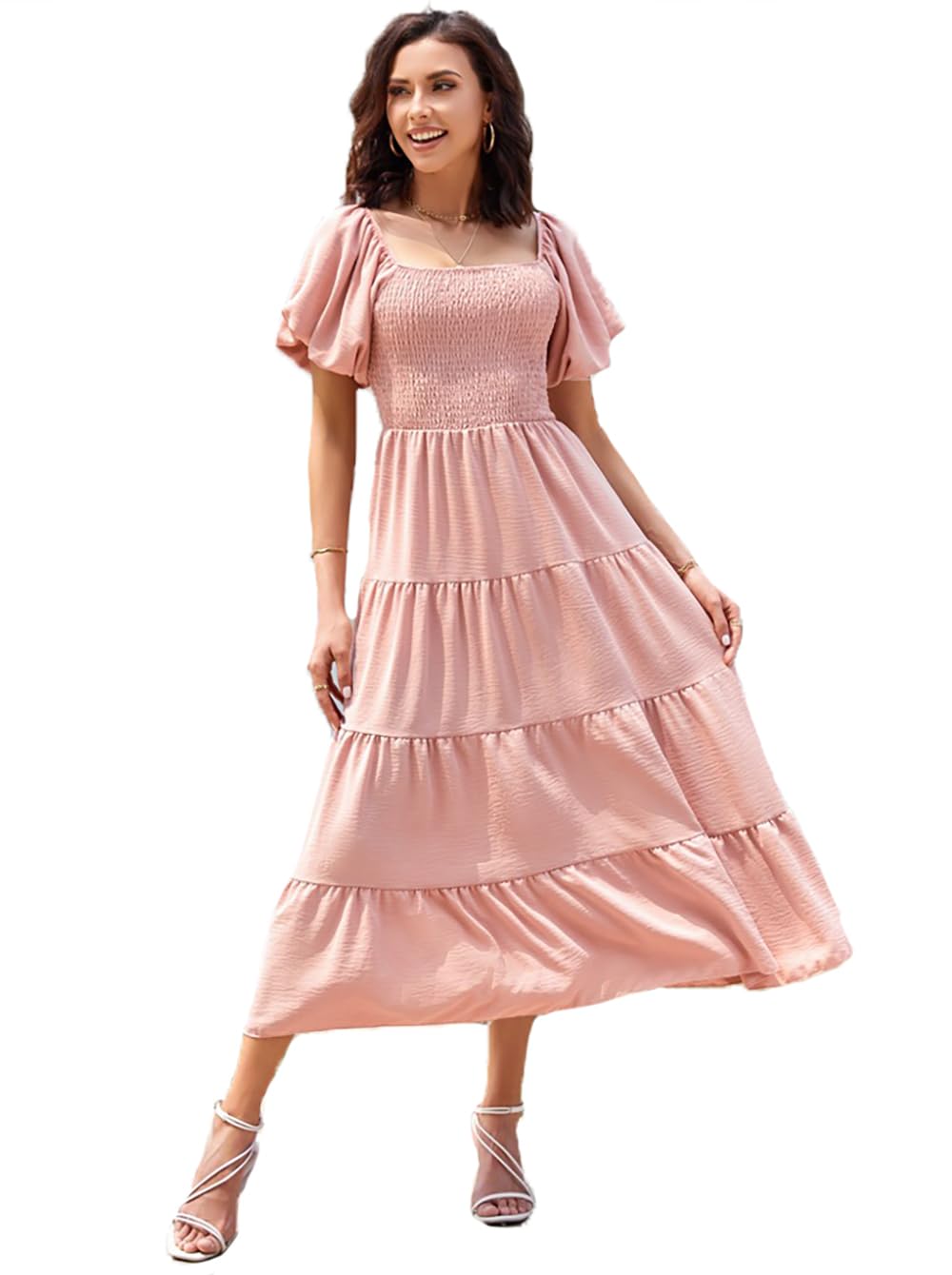 Plustrong Women's Pink Boho Maxi Dress Puff Short Sleeve Square Neck Smocked Tiered Ruffle Flowy Beach Long Dresses, M
