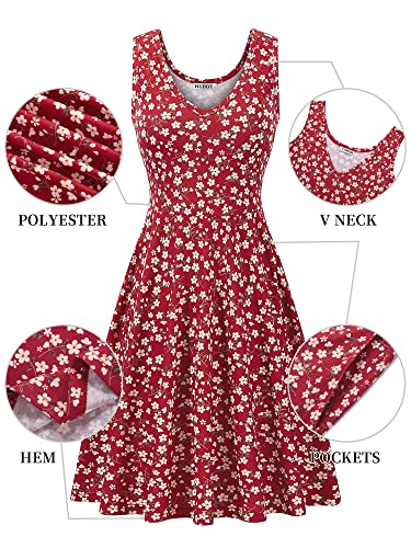 Huhot Sundress Women Spring Dresses For Women 2023 Graduation Casual Summer Easter Junior Dresses For Summer Sundresses For Juniors Wedding Guest Wine Red Floral Flared Midi Tank Dress With Pockets #TOP2