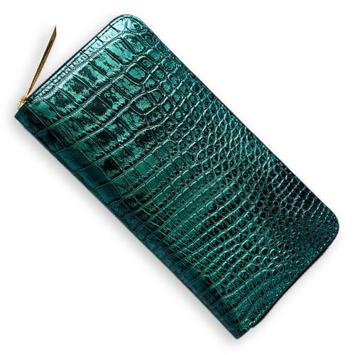 [CLW クロコダイルレザーワークス] スモールクロコダイルラウンドファスナー長財布スパイラルペリドットグリーン (ブラックインナー＆ゴールドファスナー) ポロサス 日本製 財布 グリーン パール メンズ 長財布 ブランド ギフト プレゼント (ゴールドファスナー)