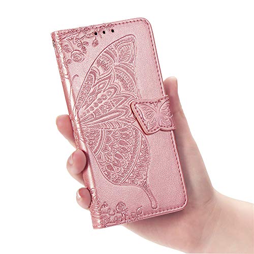 Leecoco Samsung Galaxy A10 Case Premium Pu Leather Flip Wallet Case Butterfly Embossed Full Body Protection Flip Stand Card Holder Magnetic Cover For Samsung Galaxy A10 Big Butterfly Rose Gold Sd #TOP5