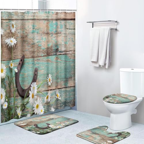 Britimes 4 Piece Shower Curtain Sets, Western Rustic with Non-Slip
