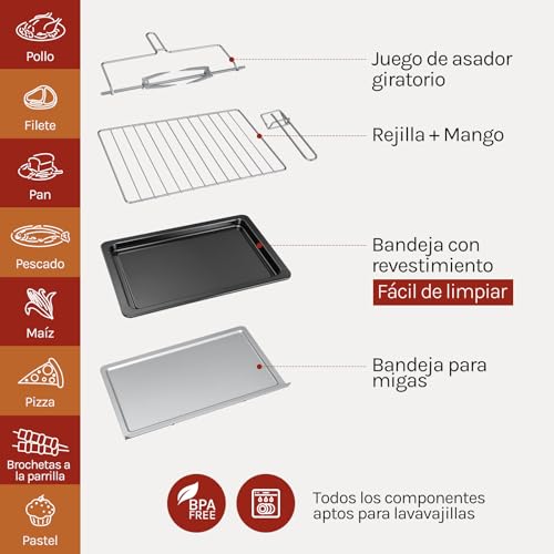Miniatura 6 de Woltu Horno Electrico Sobremesa 32l Con Parrilla, 4 Elementos Calefactores, Temporizador De 60 Minutos, Temperatura 100-230 C, 1600w, Puerta De Doble Acristalamiento, Rojo Negro