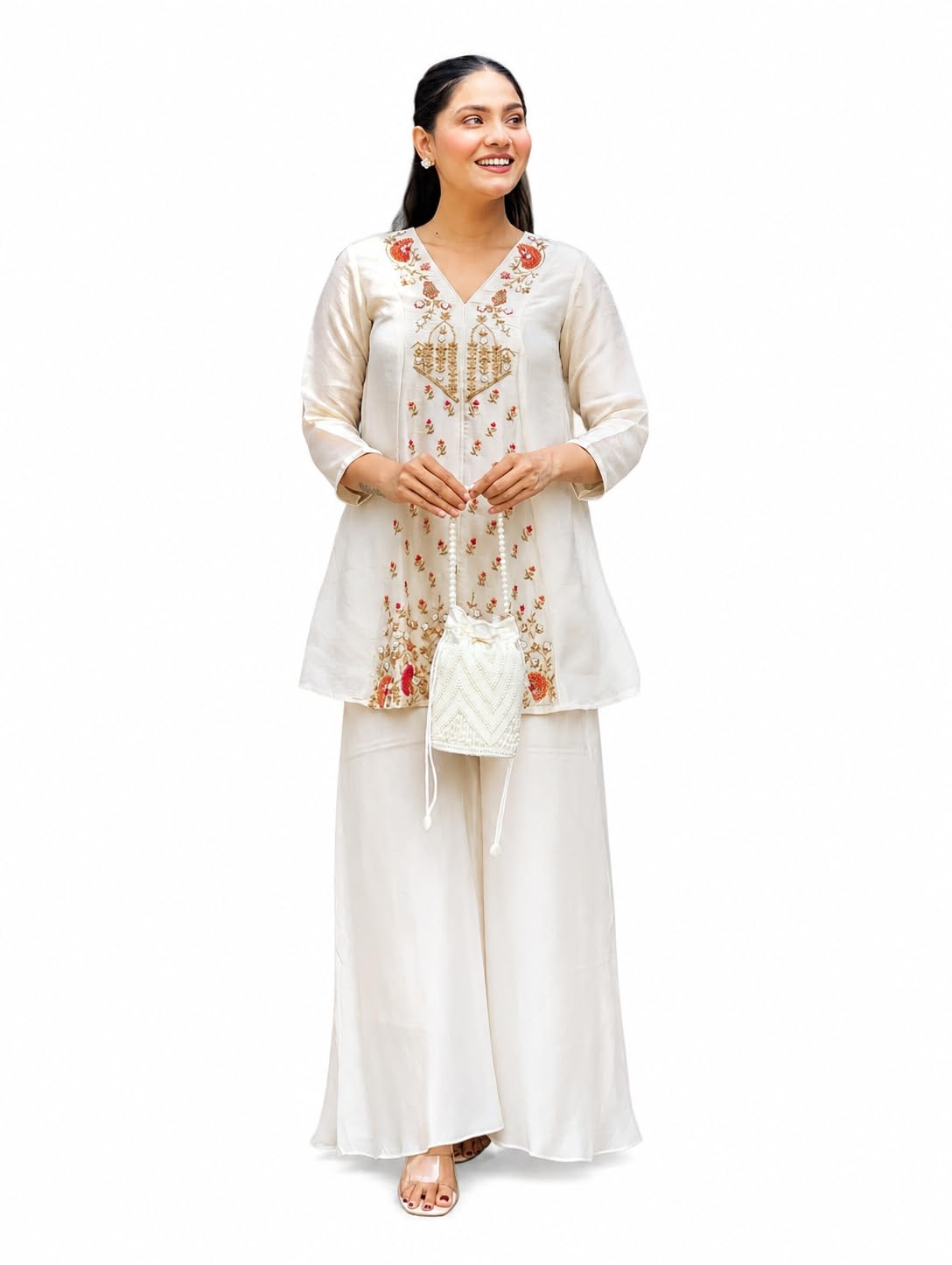 Embroidered V-Neck A-Line Tunic with Wide-Leg Bottoms | Floral Embroidery, 3/4 Sleeves, Mint Green Colour, Co-ord Set, Ethnic Wear-image-41