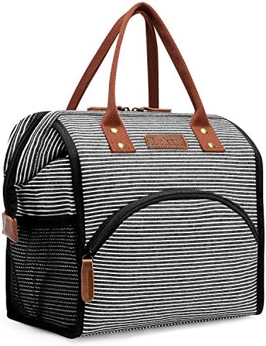LOKASS Lunch Bag Insulated Lunch Box Wide-Open Lunch Tote Bag Large Drinks Holder Durable Canvas Thermal Snack Organizer for Women Men Adults Work Picnic Hiking Beach Fishing,Stripes