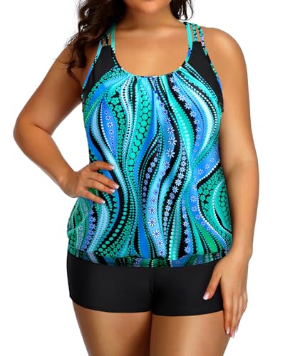 Image of Holipick Plus Size Tankini Swimsuit for Women Two Piece Tummy Control Bathing Suit Blouson Racerback Tankini Top with Shorts