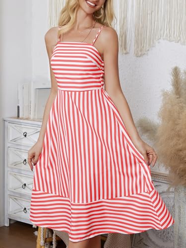 Image of Women's Striped Sleeveless A Line Beach Summer Dress Spaghetti Strap Backless Smocked Cutout Ruffle Midi Dresses Red