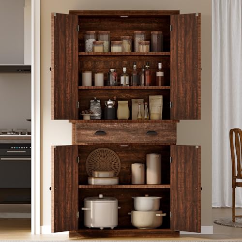 DWVO 72'' Tall Farmhouse Kitchen Pantry, Rustic Wood Kitchen Storage Cabinets with Adjustable Shelves & Drawer, Freestanding Cupboard for Dining Room, Living Room, Rustic Brown Oak