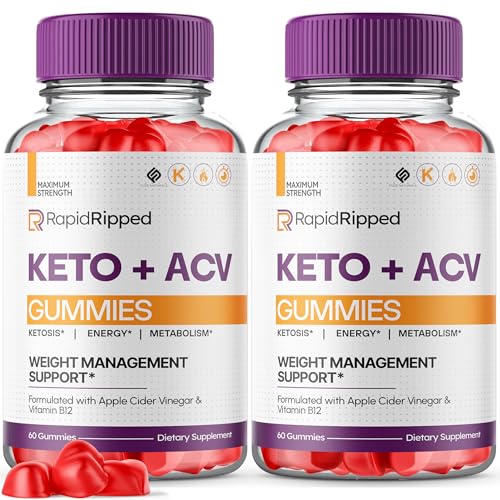 (2 Pack) Rapid Ripped Keto ACV Gummies RapidRipped Keto, Rapid Ripped Keto Gummies + ACV 1000mg Apple Cider Vinegar Vitamin Supplement Women Men, Keto Ripped Rapid Gummies Vegan Formula (120 Gummies)
