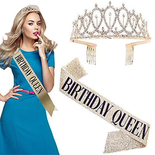 YIDOMDE Tiara gouden verjaardagssjerp voor meisjes, verjaardag, sjerp, kroon, verjaardag, hoofdtooi, meisjes, verjaardagscadeau, queen, haaraccessoires voor feesten, bruiloft en bruid