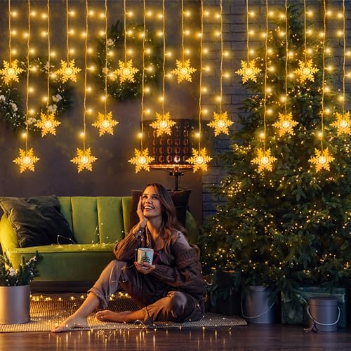 fobaston Schneeflocke Lichtervorhang Warmweiß 3.6M Lichterketten...