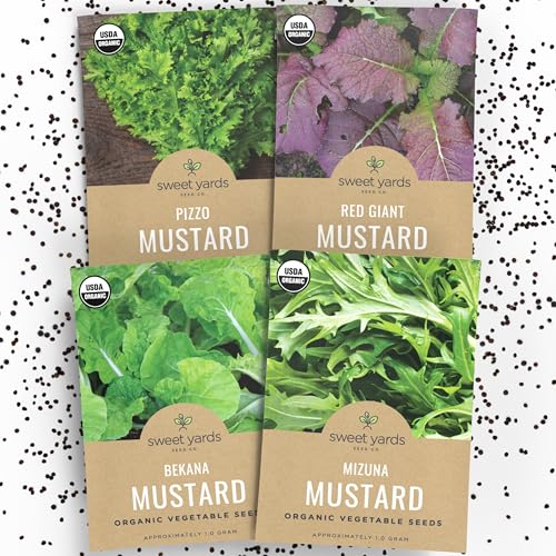 Organic Mustard Green Seeds Variety Pack - 4 Individual Packs - 2026 Season - Mizuna, Pizzo, Bekana, and Red Giant! for Indoor & Outdoor Planting (Non-GMO, Certified Organic)