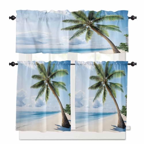 Beach Palm Tree Kitchen Curtains 24 Inch Length, 3 Piece Rod Pocket Small Half Tiers and Valance Set, Ocean Coastal Sky Nature Scenery Small Large Window Treatment Decor for Bedroom/Bathroom Sink