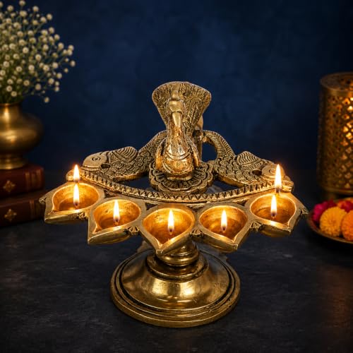 Image of Kartique Brass Peacock Panch Aarti Diya | 5 Wick Puja Deepam with Handle