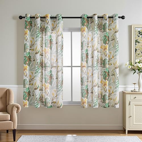Image of MYSKY HOME Floral Curtains 63 Inch Length Semi Sheer Drapes for Living Room Bedroom, Flower Printing Window Treatment Grommet 2 Panels,Yellow and Natural