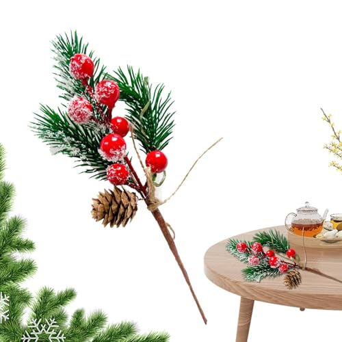 Pcingsia Ramas de pino de Navidad, ramas de pino artificiales de Navidad, pequeñas ramas de frutas de bayas rojas, decoración de festividades para chimenea de fondo