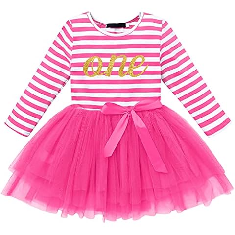 FYMNSI Kleinkinder Baby Mädchen 1 Jahr Geburtstag Party Kleid Gestreift Tüllkleid Langarm Baumwolle Prinzessin Tütü Festkleid Streifen Herbstkleid Freizeit Fotoshooting Bekleidung Rose Cover