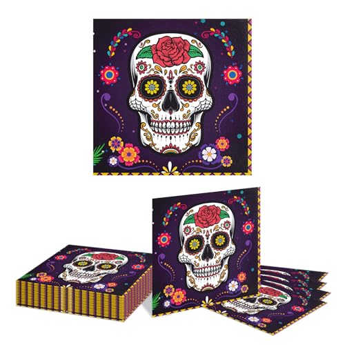 Kotkiddy 24 Pièces Serviettes Crâne Fleur, Serviette Papier Jetable pour Dîner Mexicain, Salle...