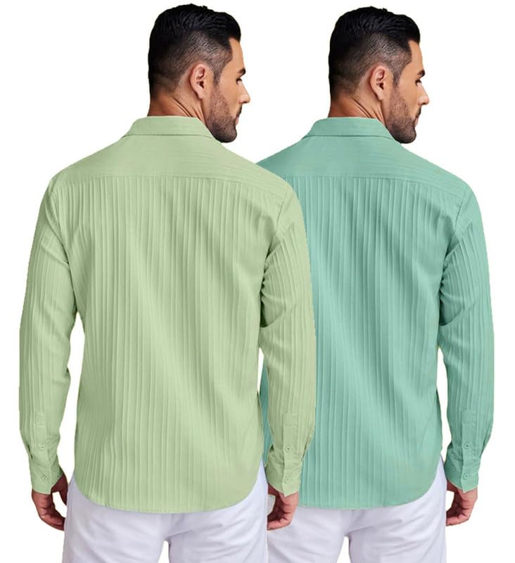 Image of DEELMO Combo of Men's Casual Button Down Shirts Long Sleeve Linen Shirt Fashion Textured Summer Shirts Pack of 2