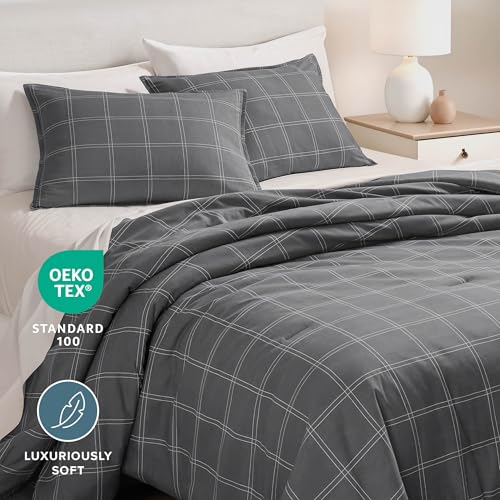 Bare Home Comforter Set - Queen Size - Ultra-Soft - Goose Down Alternative - Premium 1800 Series - All Season Warmth Comforter (Queen, Modern Plaid - Grey/White) by Bare Home - Used condition - Image 3