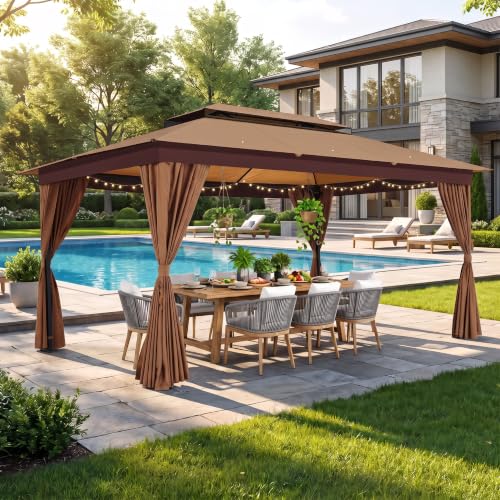 Image of COBIZI 10x15 Outdoor Patio Gazebo with Privacy Curtains, Khaki | Soft Top Gazebo Double Roof, Dual Ceiling Hooks, Privacy Curtains, Heavy-Duty Steel Frame Canopy for Backyard, Deck & Garden