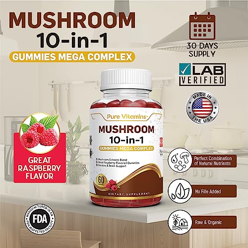 Pure Vitamins Lion's Mane Mushroom Supplement 10 in 1 Complex 60 Gummies - Mushroom Extract Blend Memory Supplement for Brain Health & Lions Mane Supplement Turkey Tail Cordyceps Reishi Chaga Shiitake - Image 6