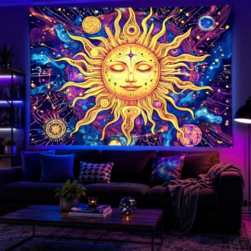 BlissYard Blacklight Sun Tapestry 78 x 59 Inch Bohemian Dorm Decor