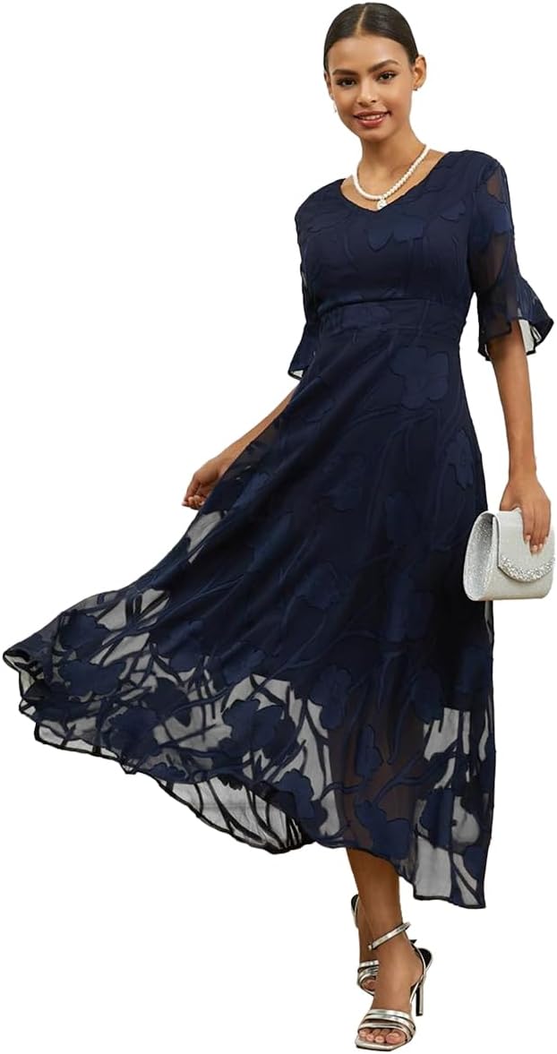 Ruffle Lace Dresses for Women Casual Flutter Sleeve Chiffon Maxi Dress Elegant Flowy Semi-Formal Dress Loose & Extra Long