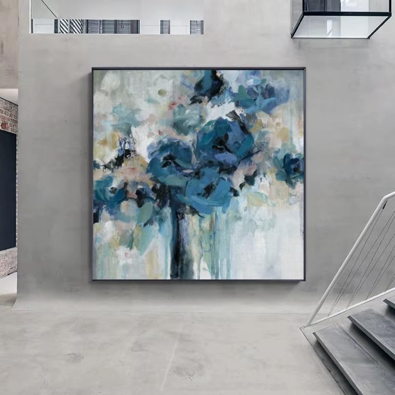 Fleurs bleues aquarelle sur toile avec cadre intérieur moderne salon 60x60
