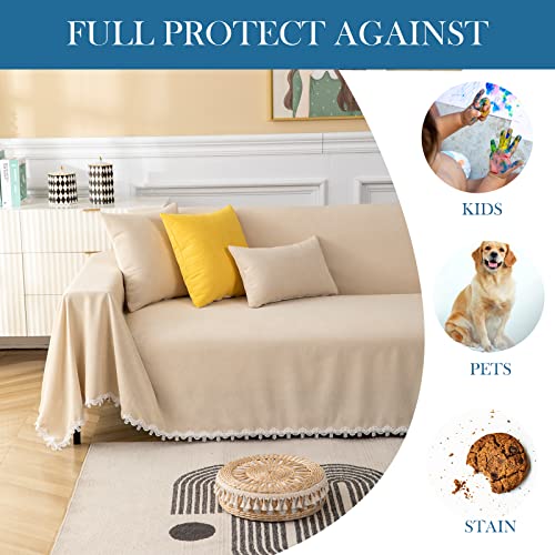 Handontime Beige Couch Cover Boho Sofa Covers Chenille Sofa Covers For 3 Cushion Couch Washable Couch Cover Blanket Sectional Couch Covers For L-Shape With Lace Pet Couch Cushion Cover, 71" X118" #TOP2