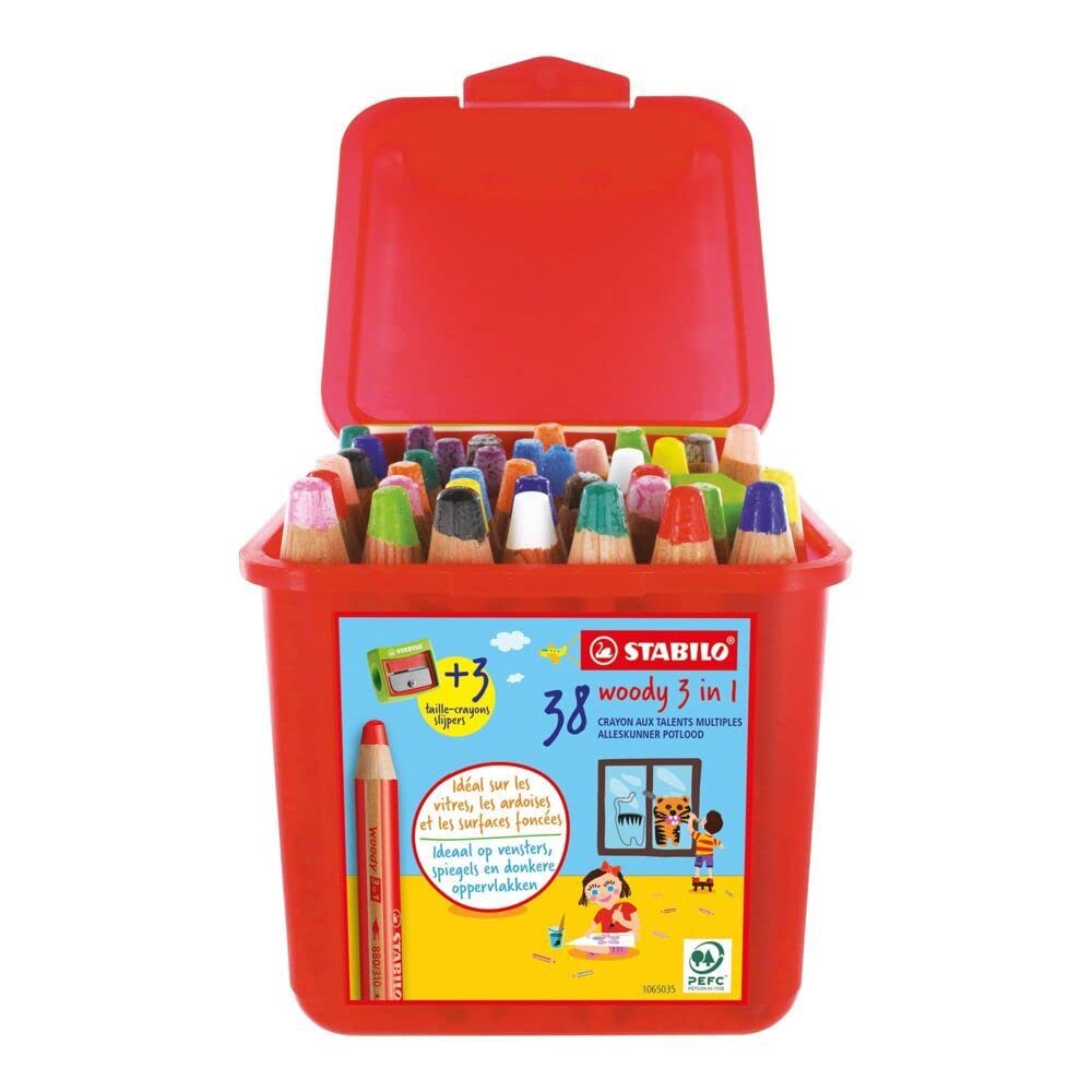STABILO - lápiz de color, acuarela y cera - woody 3 in 1 | Caja de 38 y 3 sacapuntas